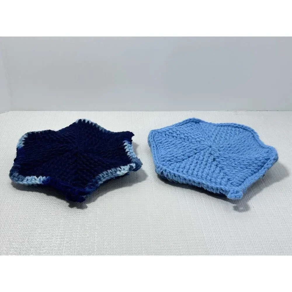 Hand Crocheted Double Thick Hot Pad Pot Holder Pair blue shades‎ VTG Granny Core